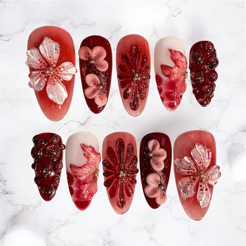 Handmade Press On Nails  3D Crystal Flower Red Jelly False Nails, Luxury Glossy Almond Fake Nails for Women & Girls