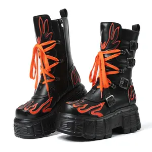 Women's Punk Style Motorcycle Platform Ankle Boots with Fluorescent Flame Platform Wedge Gothic Combat Boots Round Toe Design Non-Slip Rubber Sole Punk Rock Boots Concert Footwear Motorcycle Riding