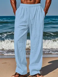 Men's Casual Linen Pants, Casual Street Trousers, Casual Sporty Trousers, Relaxed Fit with Drawstring Waist, 95% Linen, 5% Polyester, Breathable for Indoor Gatherings, Outdoor Activities, All-Season Wear, Beige Color, Versatile Clothing