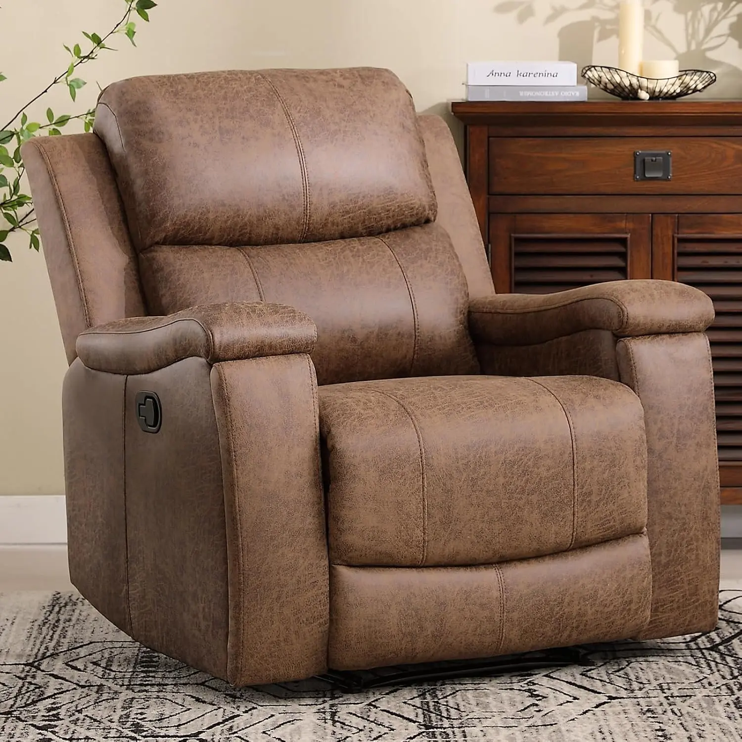 Leather Recliner Chair, Classic and Traditional Manual Recliner Chair with Overstuffed Arms and Back, Manual Single Sofa with Concealed Cup Holders,Nut Brown