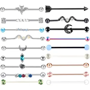 14G Industrial Piercing Jewelry For Women Men Stainless Steel 38 Industrial Barbell Long Cartilage Helix Conch Earrings Stud 14G Gauges Industrial Jewelry Butterfly Heart Cool 7-18pcs