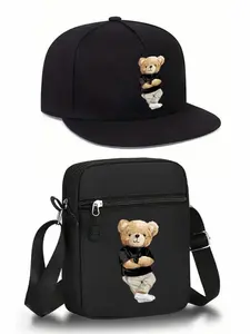 Stylish Bear Graphic Design Set, Unisex Flat Brim Hip-Hop Baseball Cap and Crossbody Bag, Street Fashion Outdoor Sports Hat and Bag