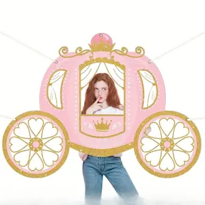 1 piece, 160x116cm, Princess-themed birthday party backdrop - elegant pink carriage with crown and floral design, golden decorations, perfect for girls' youth showers, gender reveals, baptisms and party decorations, princess party decor