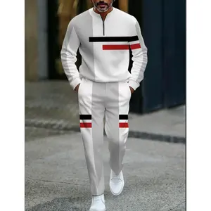 European and American two-piece men's white sports suit |   Geometric stripe design, semi open collar |   High quality polyester fiber fabric, wrinkle resistant and easy to maintain |   Fitness trend, suitable for sports and leisure style