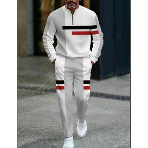 European and American two-piece men's white sports suit |   Geometric stripe design, semi open collar |   High quality polyester fiber fabric, wrinkle resistant and easy to maintain |   Fitness trend, suitable for sports and leisure style