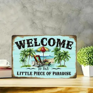 Rustic Metal Wall Sign Welcome to Our Little Piece of Paradise Vintage Beach and Palm Tree Decor Tropical Coastal and Farmhouse Wall Art