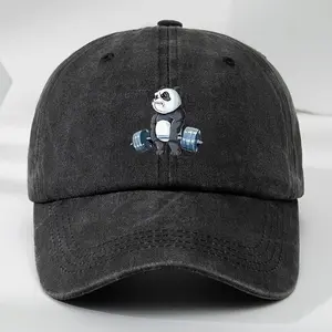 Cartoon Panda Print Baseball Cap, Washed Distressed Classic Flat Brim Hat, Soft Top Comfortable Moisture-Wicking Breathable Cap