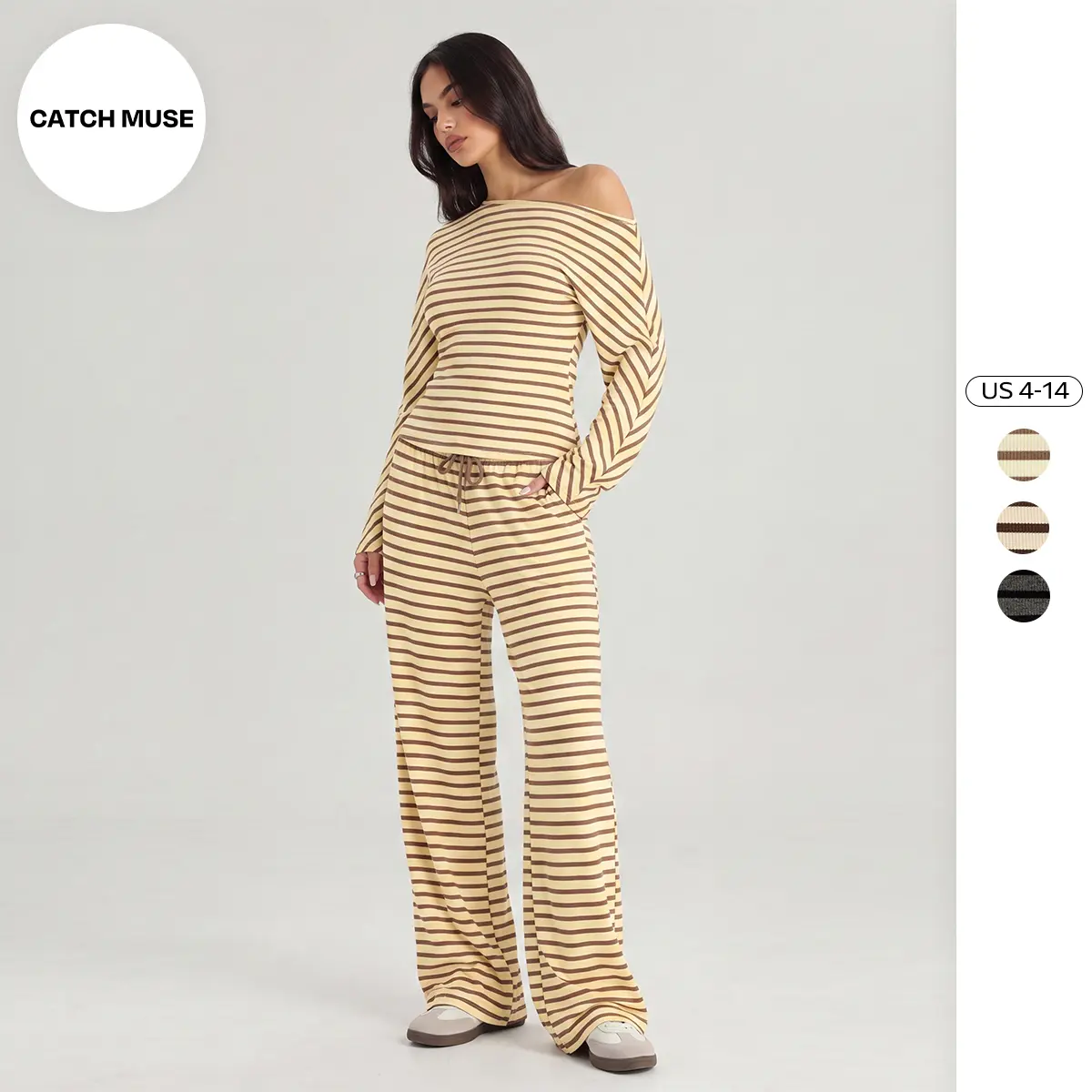 Katch Me Chic Women's Casual Sloping Shoulder Bold Stripe Long Sleeve Top & Drawstring Waist Loose Trousers Co-ord, Striped Lounge Set, Comfort Two Piece Outfits (2)