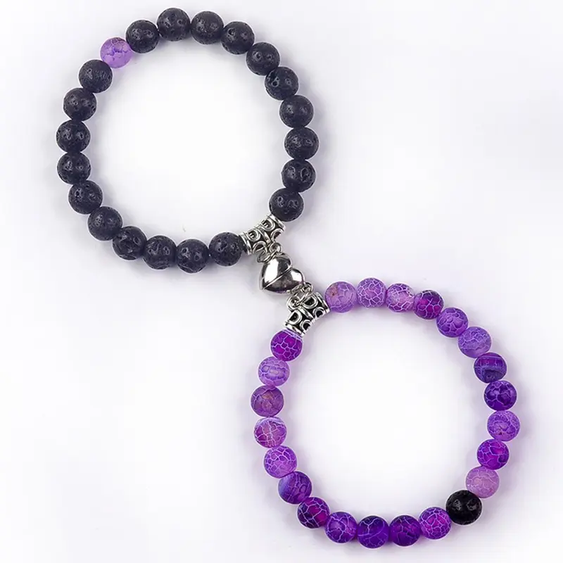 Couple Magnetic Heart Beaded Bracelet, Heart Design Bracelet, Heart Shaped Bracelet, Stone Beaded Bracelet for Women & Men, Trendy All-match & Exquisite Jewelry for Birthday Gift, Heart Bracelets