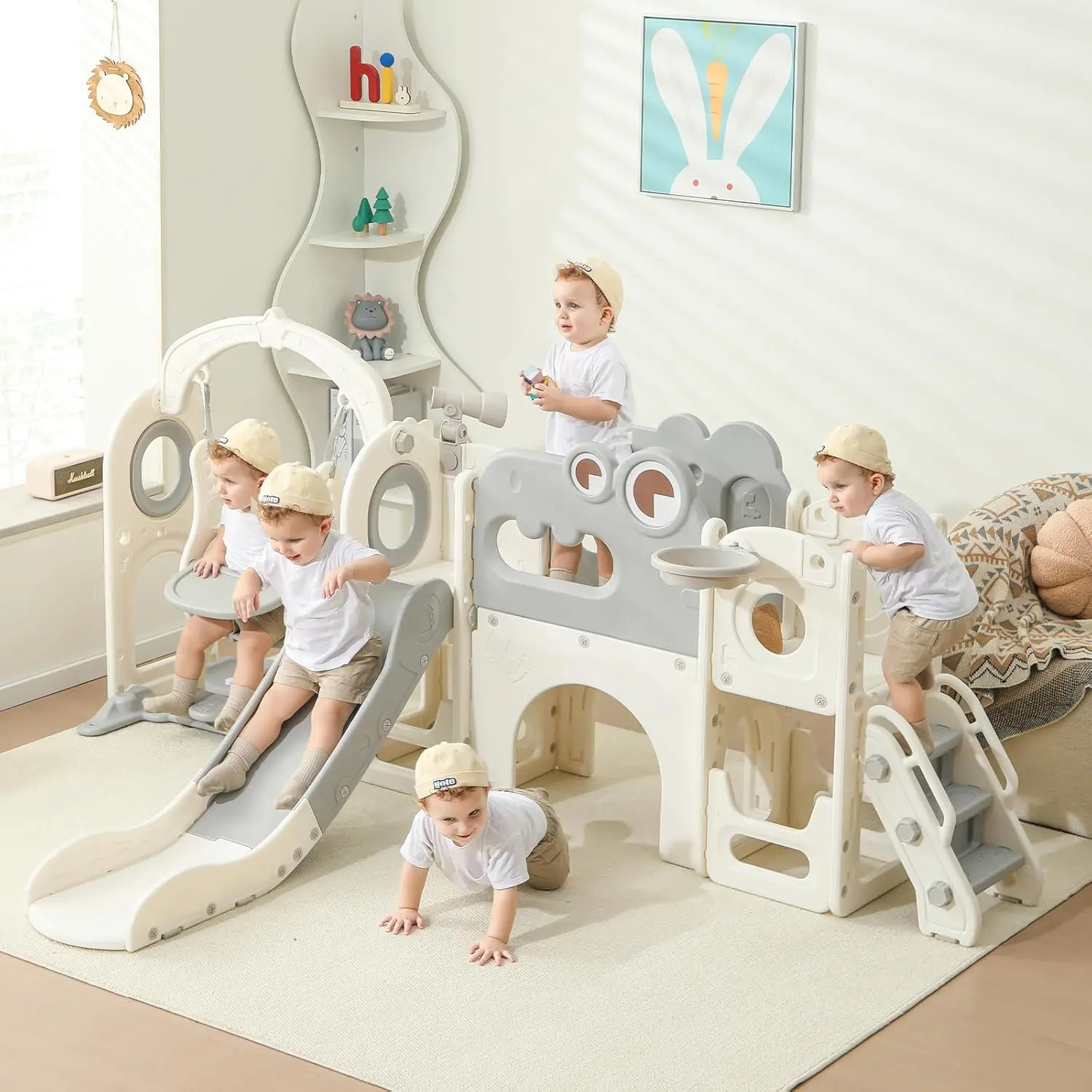Toddler Slide, 9 in 1 Indoor Foldable Kids Slide for Toddlers Age 1-3, Extra-Long Slide with Basketball Hoop Indoor and Outdoor Baby Climber Playset Playground, Climber Playset with Telescope