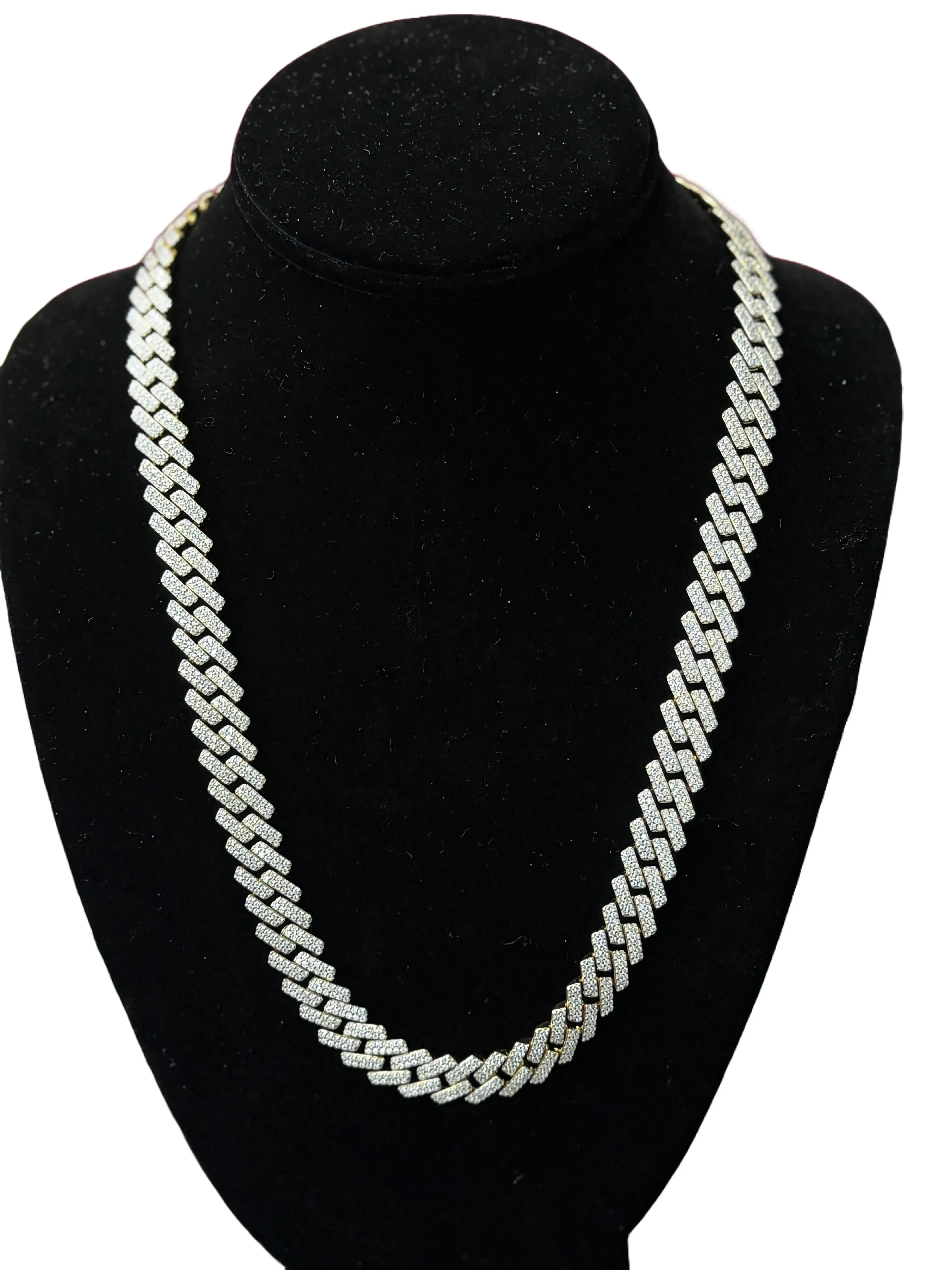 12mm Gold Moissanite Cuban Link Chain - 22in 925 Sterling Silver, Diamond Inspired, Embellished, Glitter Diamond, Moissanite VVS1, Silver Sparkle Necklaces, Diamond Inspired Necklaces