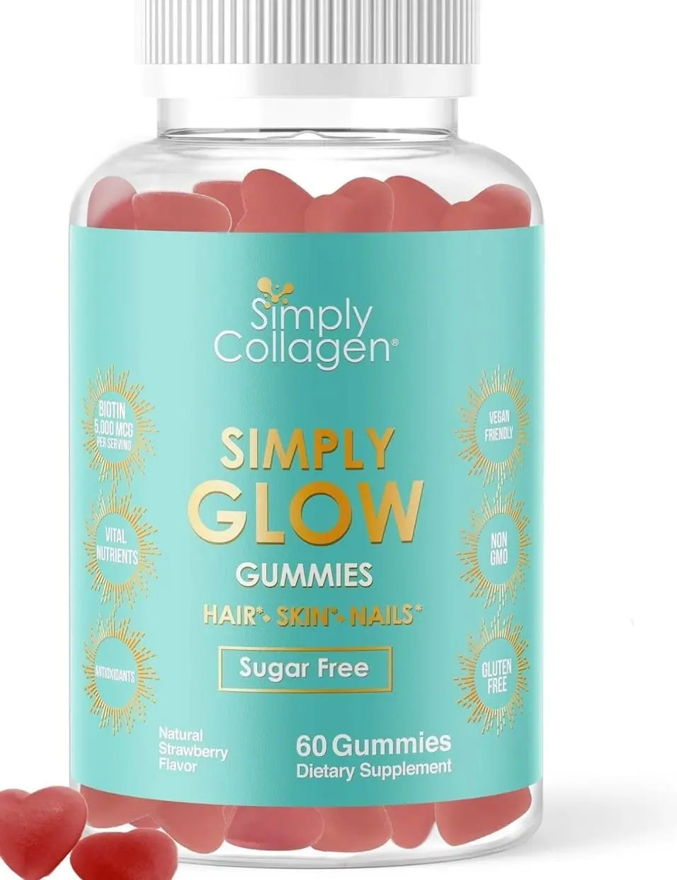 Simply Collagen® Simply Glow Hair, Skin & Nails Gummies – Vegan, Sugar-Free, Gluten-Free – Biotin 5000 mcg – Hair Gummies for Women & Men – 60 Count