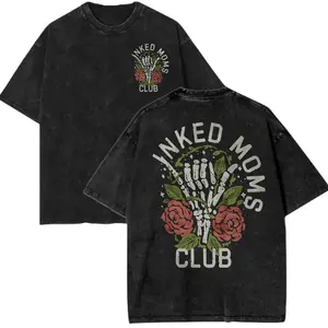 Retro Washed T-Shirt  Inked Moms Club Oversized Tee, Skeleton Rose Graphic T-Shirt, Distressed Tattoo Mom Casual Top, Mother's Day Gift