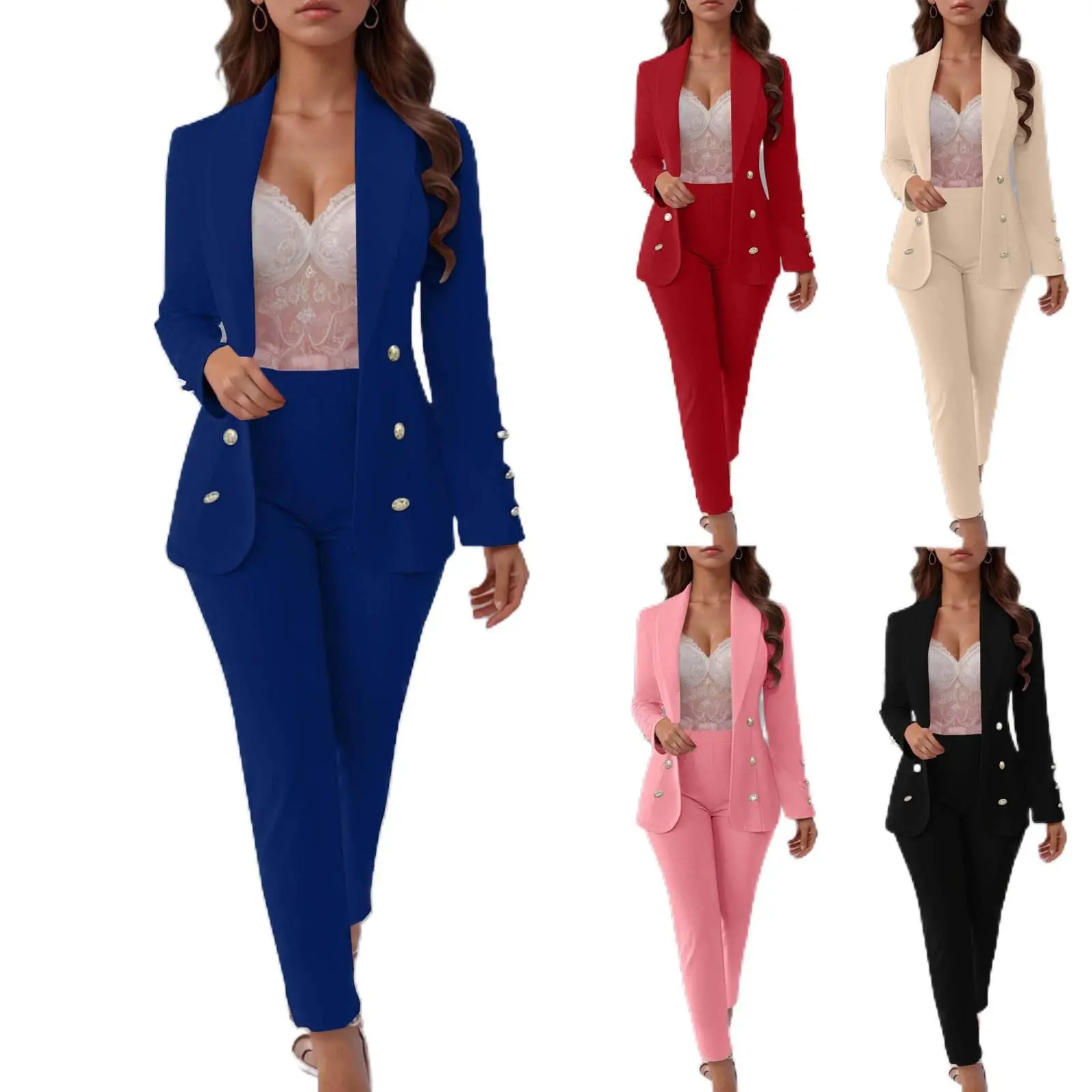 Women's 2-Piece Button-Front Blazer & Straight-Leg Pants Set, Long-Sleeve Solid Color Business Casual Outfit for Office Work, Interview Light Womenswear Chic Collared Everyday Fabric Fitted Green Polyester Sky Suit Matching Smooth Spandex Teal  Trouser