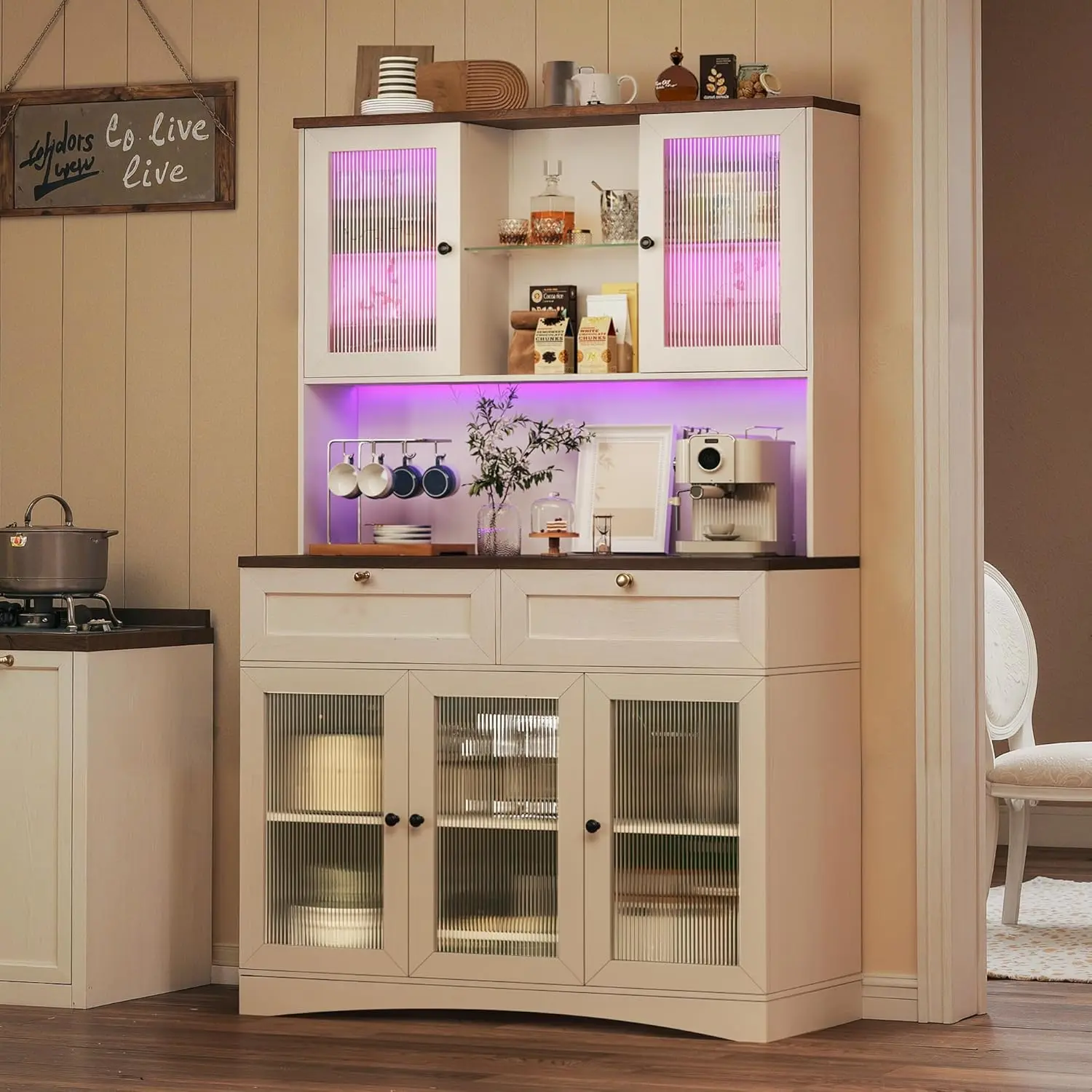 71" White Tall Wardrobe Cabinet Kitchen Furniture - Coffee Bar Station, Wooden Cabinetry with Lights, Glass Doors, Microwave Stand, Charging Station, Adjustable Shelves, Compartment with Storage Kitchen Furniture