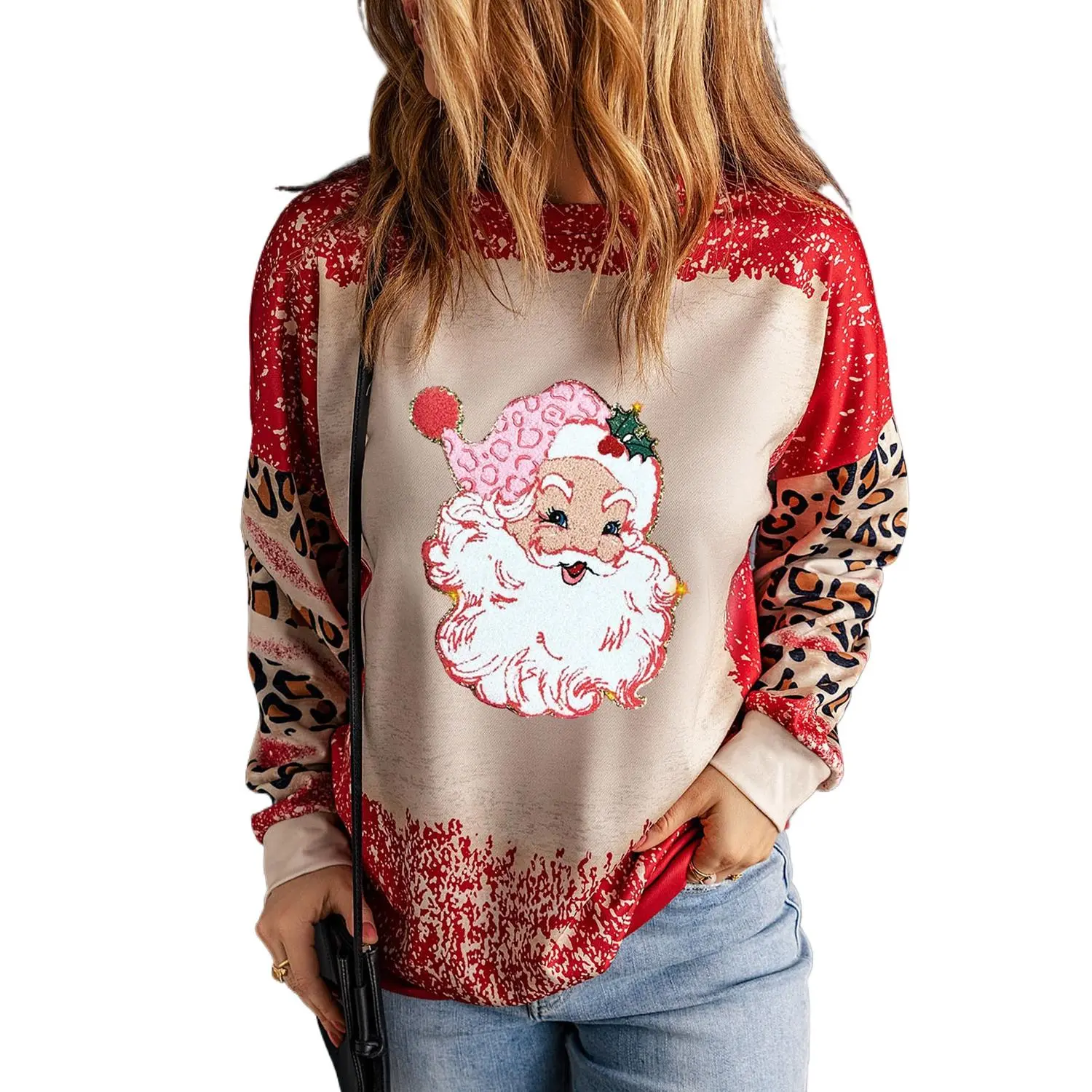 Women's Red Shiny Father Christmas Leopard Sleeve Bleached Dye Sweatshirt