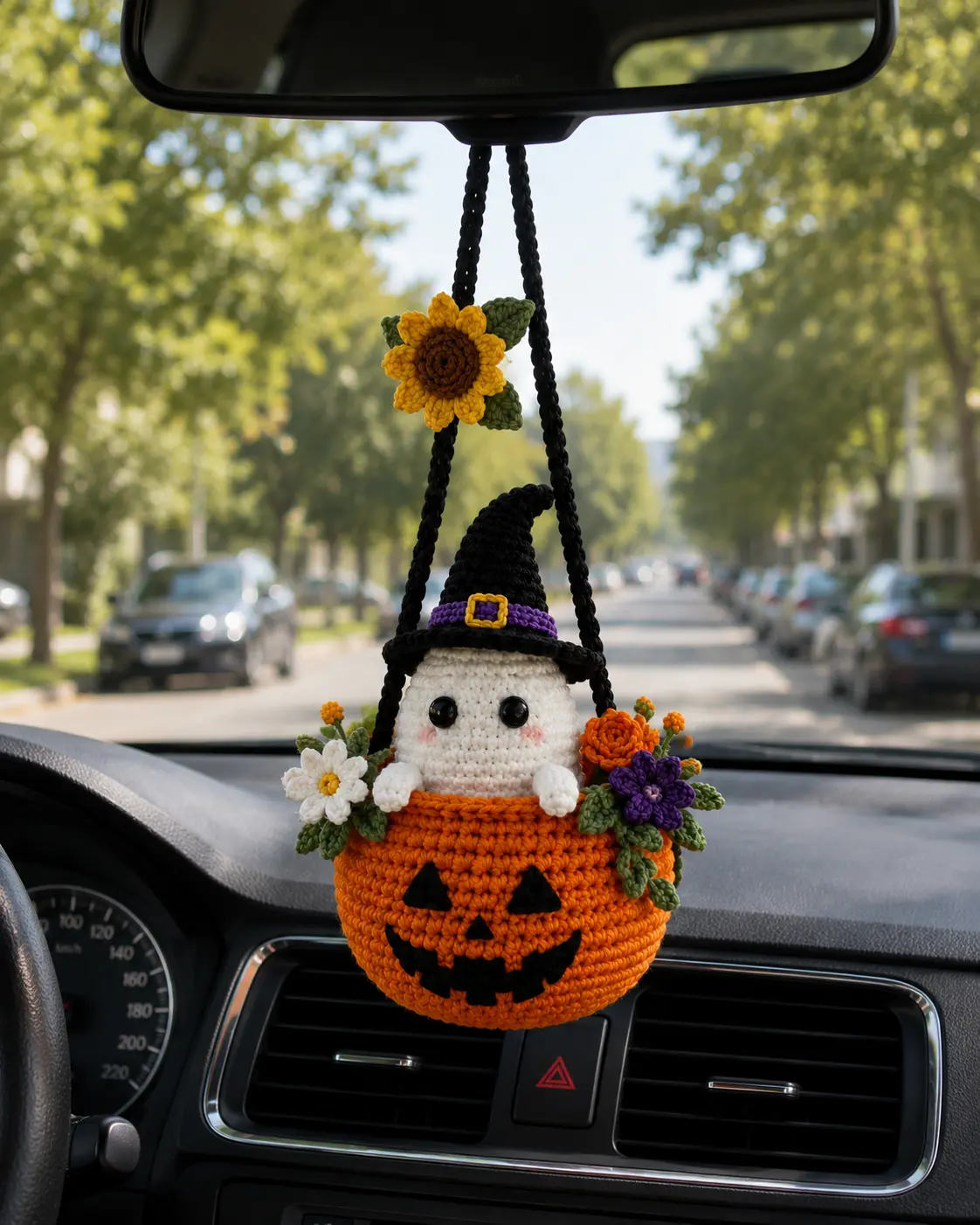 Handmade Crochet Halloween Ghost Pumpkin Car Hanging, Cute Ghost Rearview Mirror Charm, Pumpkin Basket Amigurumi Car Decor, Handmade Halloween Gift