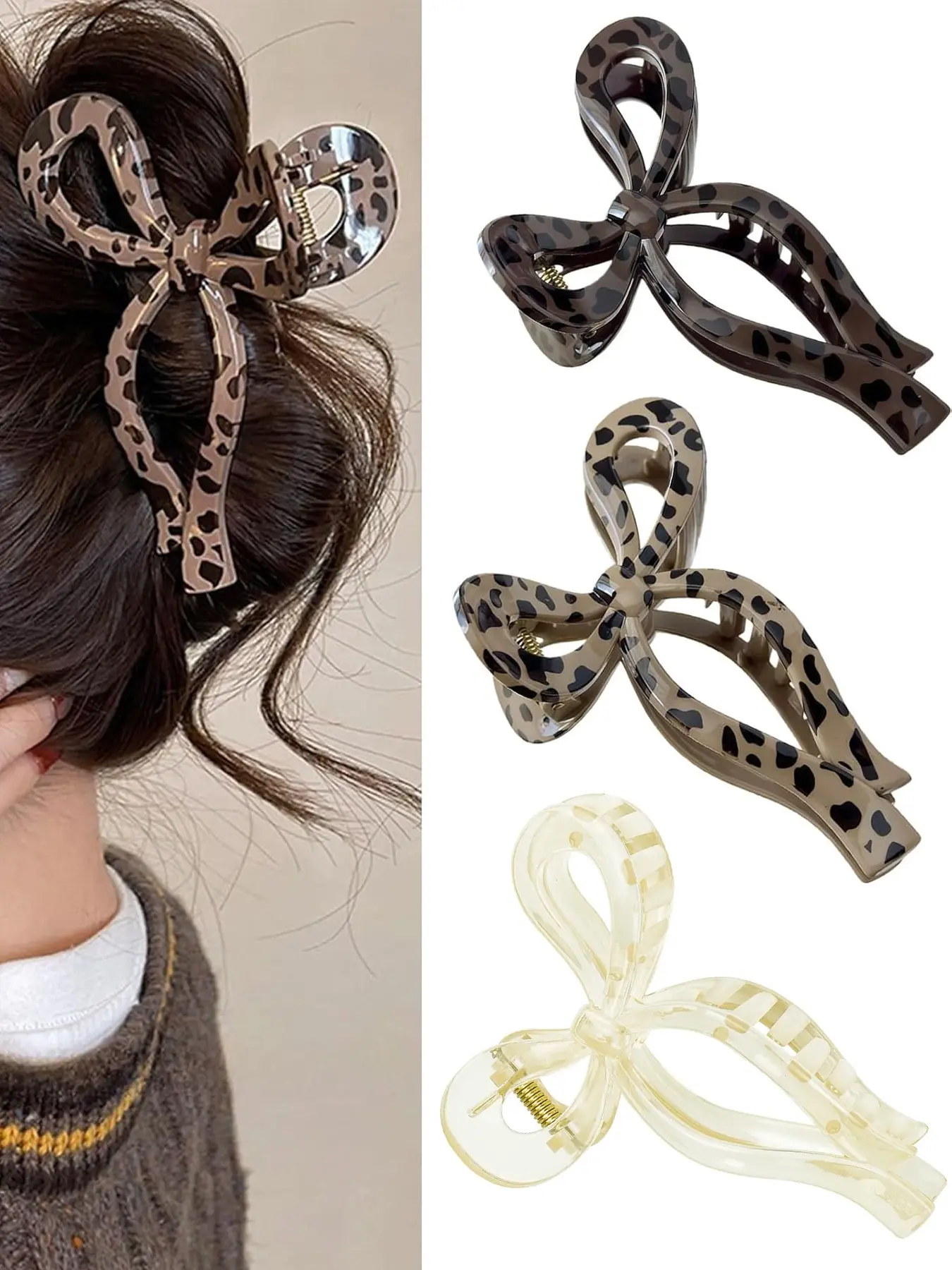 3 Pieces Bow Hair Clips for Women, French Leopard Print Design, Strong Hold Matte Finish Hair Barrettes, Christmas Gifts for Daily Styling, Hair Claws, Hair Decor, Hair Style Accessory