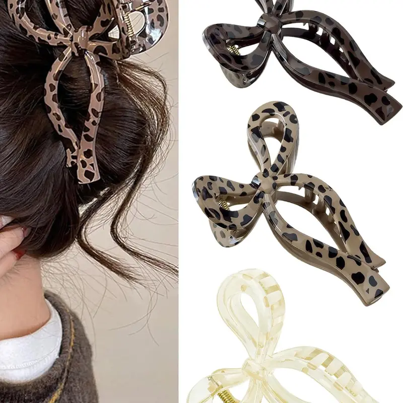 3 Pieces Bow Hair Clips for Women, French Leopard Print Design, Strong Hold Matte Finish Hair Barrettes, Christmas Gifts for Daily Styling, Hair Claws, Hair Decor, Hair Style Accessory