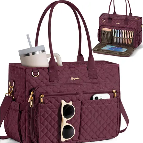 (Auction)Bagstellar Women's Teacher Tote - 15.6in Waterproof Quilted Casual Home Organizer Storage Bag with Large Cup Holder, Insulated Pocket, Large Laptop Compartment, Zip Closure, Shoulder Crossbody for Work