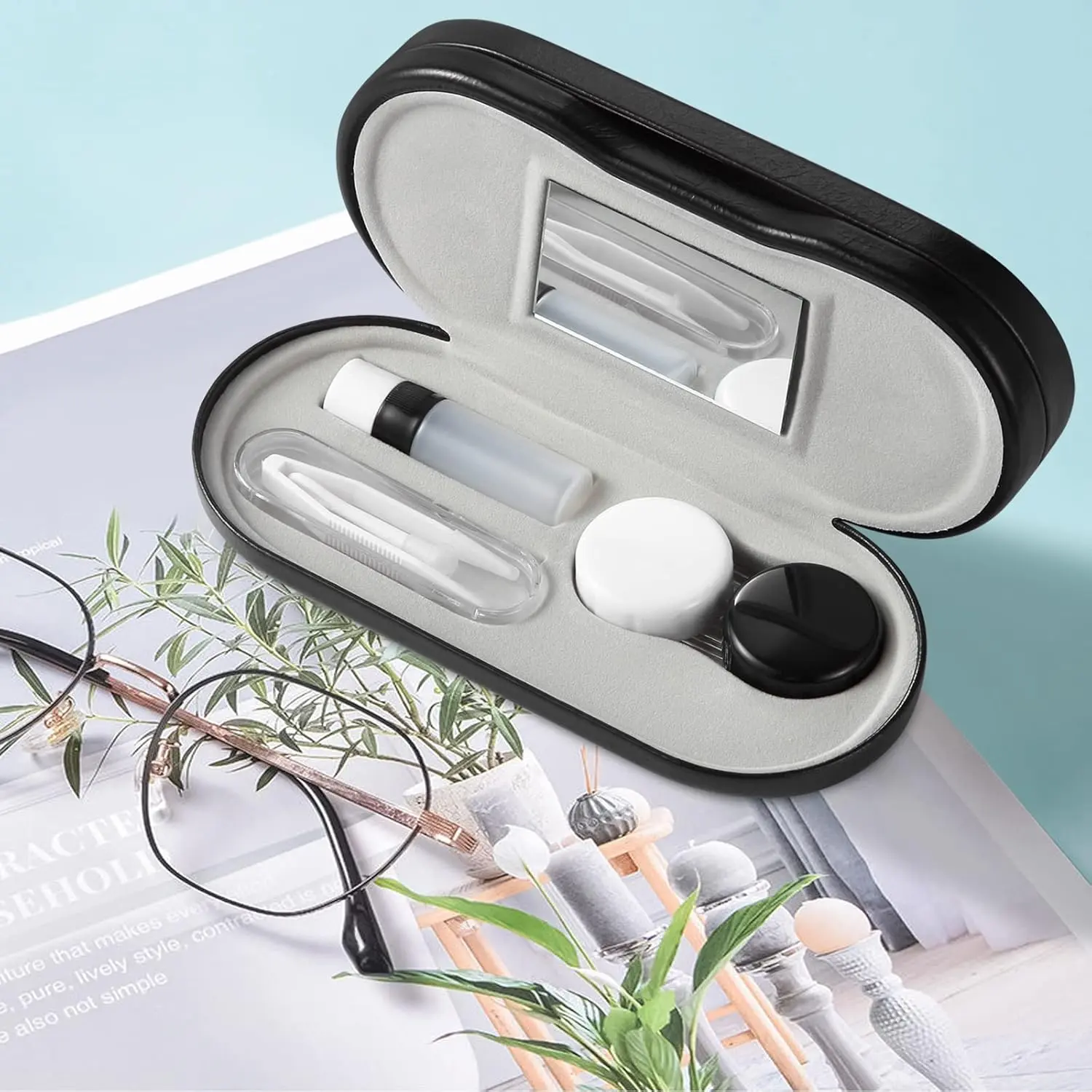 2 in 1 Glasses and Contact Lens Case, Double Sided Design,Black-1 | Travel Kit,Includes Remover Tool with Tweezers