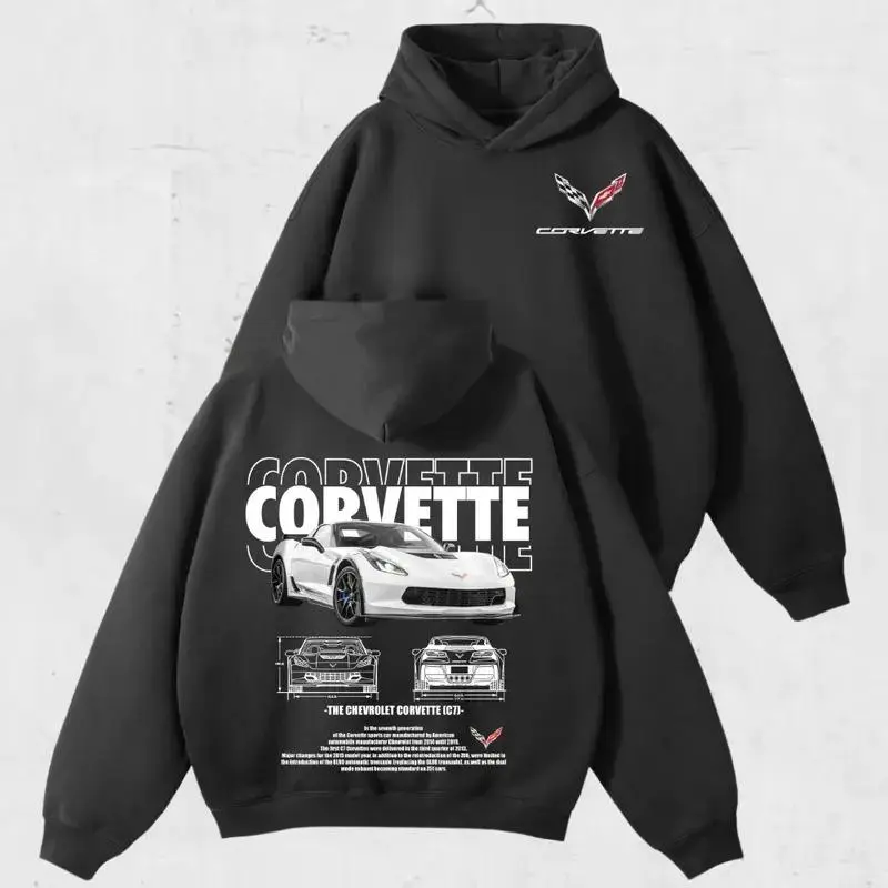 Corvette C7 Hoodie, Classic Chevy Sports Car Graphic Pullover, Retro Muscle Car Sweatshirt for Men and Women, cotton big rig cmc christian mccaffrey football graphic  thermal long sleeve clearance items  clothing  tiktok shop deals clearance deals today a