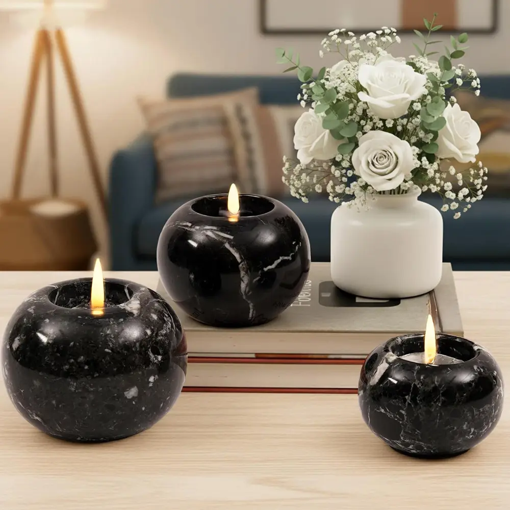Elborse Marble Tealight Candle Holder 4 inch Handmade Decorative Votive Candle Holder for Home Decor, Elegant Set of 3 Mini Candle Holders & Marble Taper Holder for Housewarming Gifts