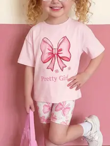 2 Piece Girls Sport Set Sweet Cartoon Bow Graphic Short Sleeve Tee and Elastic Waist Bike Shorts Cute Summer Clothing Set Casual Sweet Sporty Daily Wear