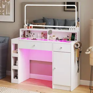 LED Vanity Desk with RGB Light Mirror, Large Makeup Table with Power Outlet & Drawers, Modern Dressing Table for Bedroom