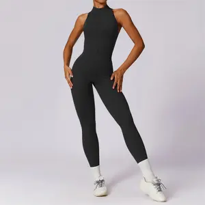 【GYMIN】New Arrivals-Quick drying zipper back one-piece yoga suit, high-intensity fitness, training, sports bodysuit, hip lifting jumpsuit, shaping, hip lifting, quick drying casual stretchy half-zip sweatshirt tight-fit pant Suitable for all seasons