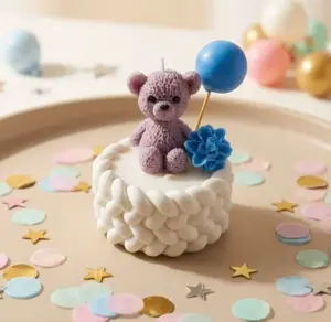 Teddy Bear Decorative Candle with Balloon, Sets of 10. White Braided Base, Pink