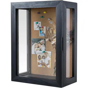 Deep Shadow Box Frame 11x15 Inch, Wall Mounted Display Case , Picture,  Coal Black Finish and Cork Backing, Solid , Clear  Panels, Hinged Door  Closure