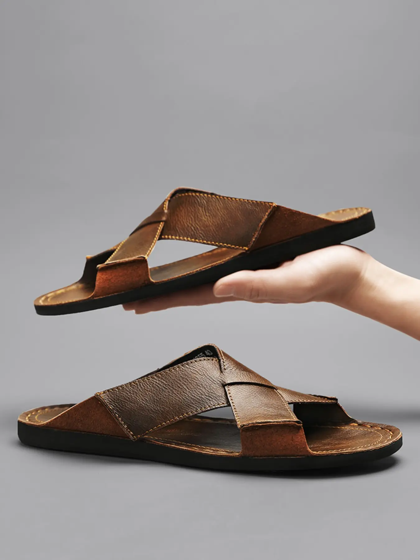 Men's Summer Leather Slip-On Two Strap Sandals, Handmade Casual Half-Open Toe Slippers, Large Size Flat Shoes for Outdoor Wear, Strap Slides