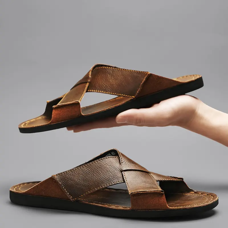 Men's Summer Leather Slip-On Sandals, Handmade Casual Half-Open Toe Slippers, Large Size Flat Shoes for Outdoor Wear, Slides Men