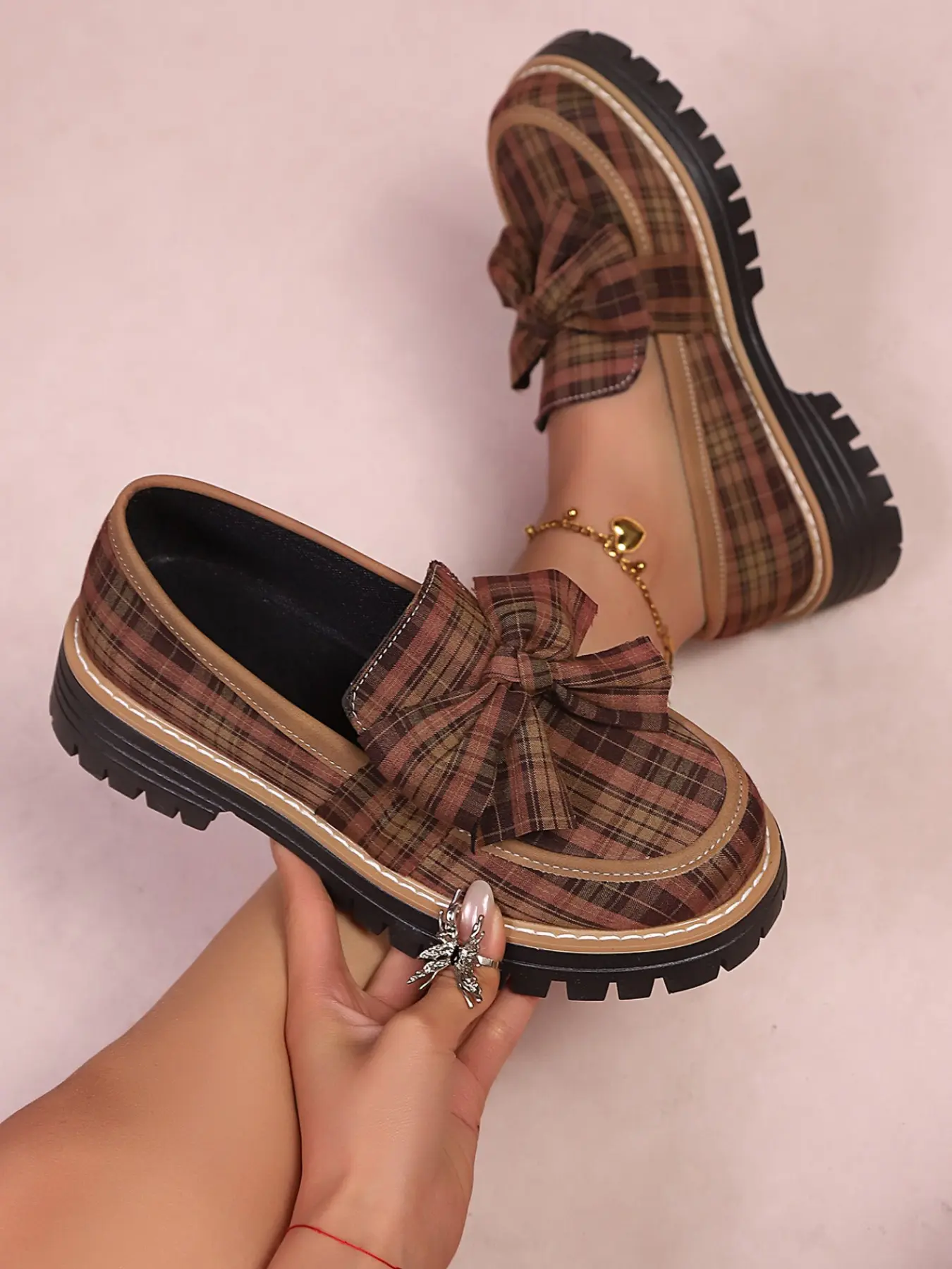 Women's Fashion Plaid Bow Loafers, Flat, Vintage College Style, Vintage College Look, Thick Sole Design, Comfortable and Versatile, Perfect for Daily Commute or School, Walking Shoes, Flatform, Thick Soled Loafers, Casual Flat Shoes
