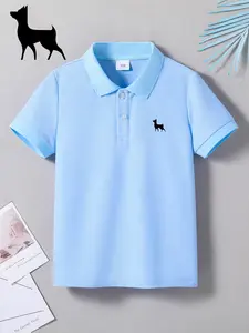 Summer Fashion Short Sleeve Polo Shirt, Dog Silhouette Print, Casual, Sports, School Activities, Loose-Fitting, Preppy Style