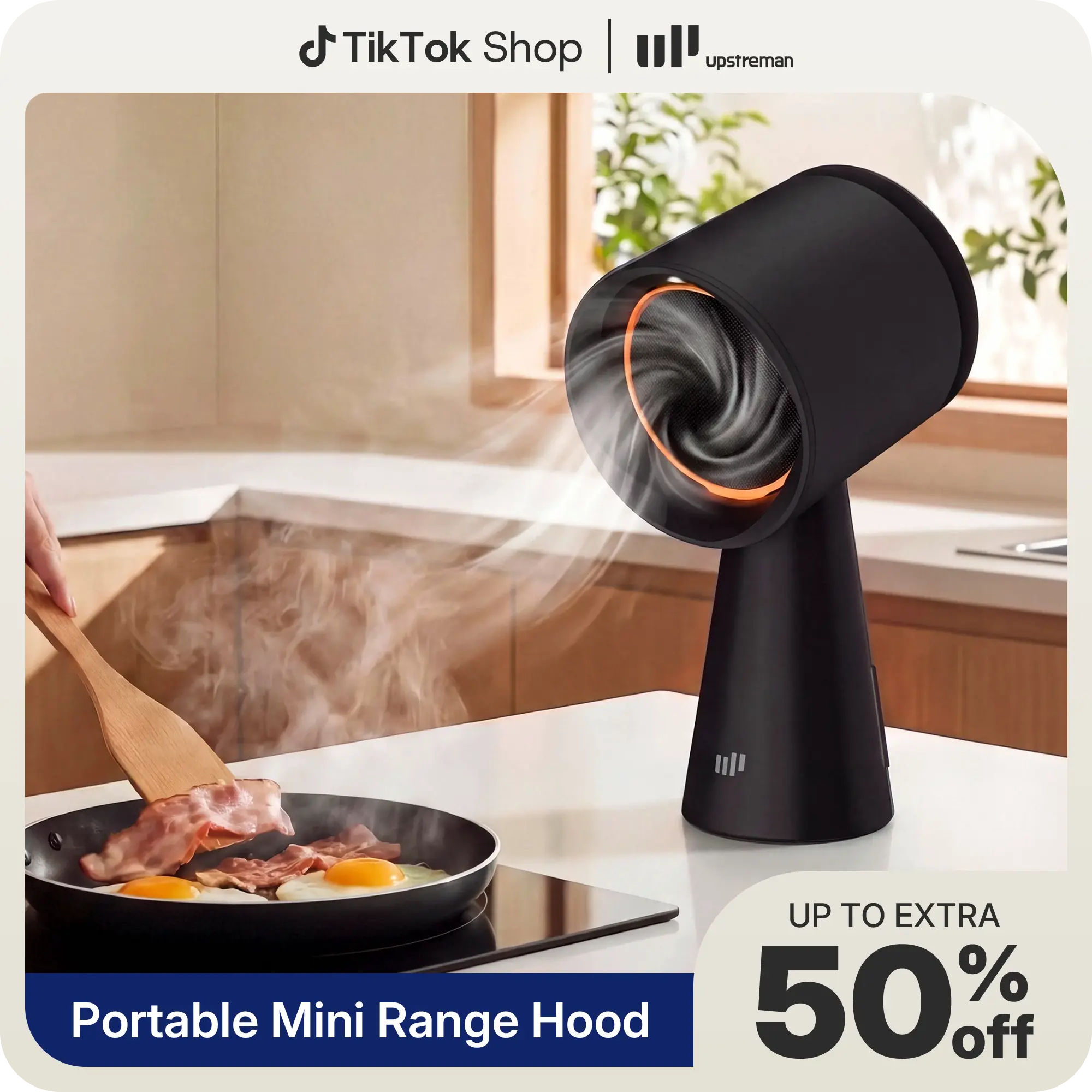 Portable Countertop Range Hood Kitchen- 5-Layer Filter Compact Desktop Exhaust Fan, 3-Speed Powerful Smoke Removal,  Low Noise Countertop Range Hood, Oil Cup, for Apartments, Dorm, RV, Indoor BBQ–Off-white