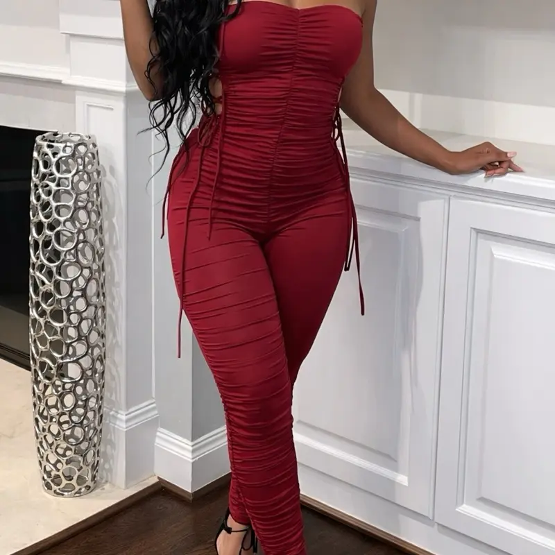 Elegant Red Ruched Jumpsuit with Lace-Up Sides and High-Waist Design for Women