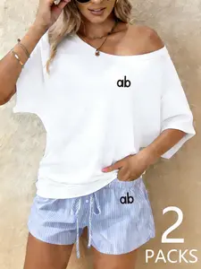 Women's Casual Loose Fit One Shoulder Top & Striped Shorts Set, Fashionable Summer for Outdoor, Shopping, Party, Trendy Wear Womenswear