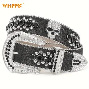[Sparkly Rhinestone Studded Belt] Rhinestone Skull Sequins Belt For Men Women Sparkly Bling Bling Shinny Rhinestone Studded Belt Western Cowgirl Cowboy Belt