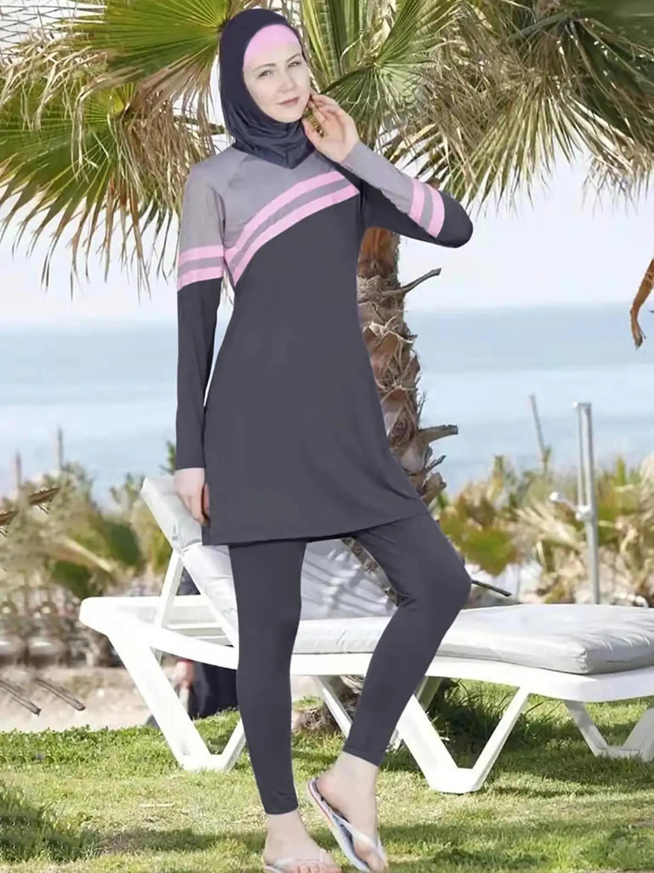 Women's Striped Print Swimsuit Set, Modest Long Sleeve Swim Top & Swim Pants & Swim Cap, Islamic Swimwear for Beach Swimming