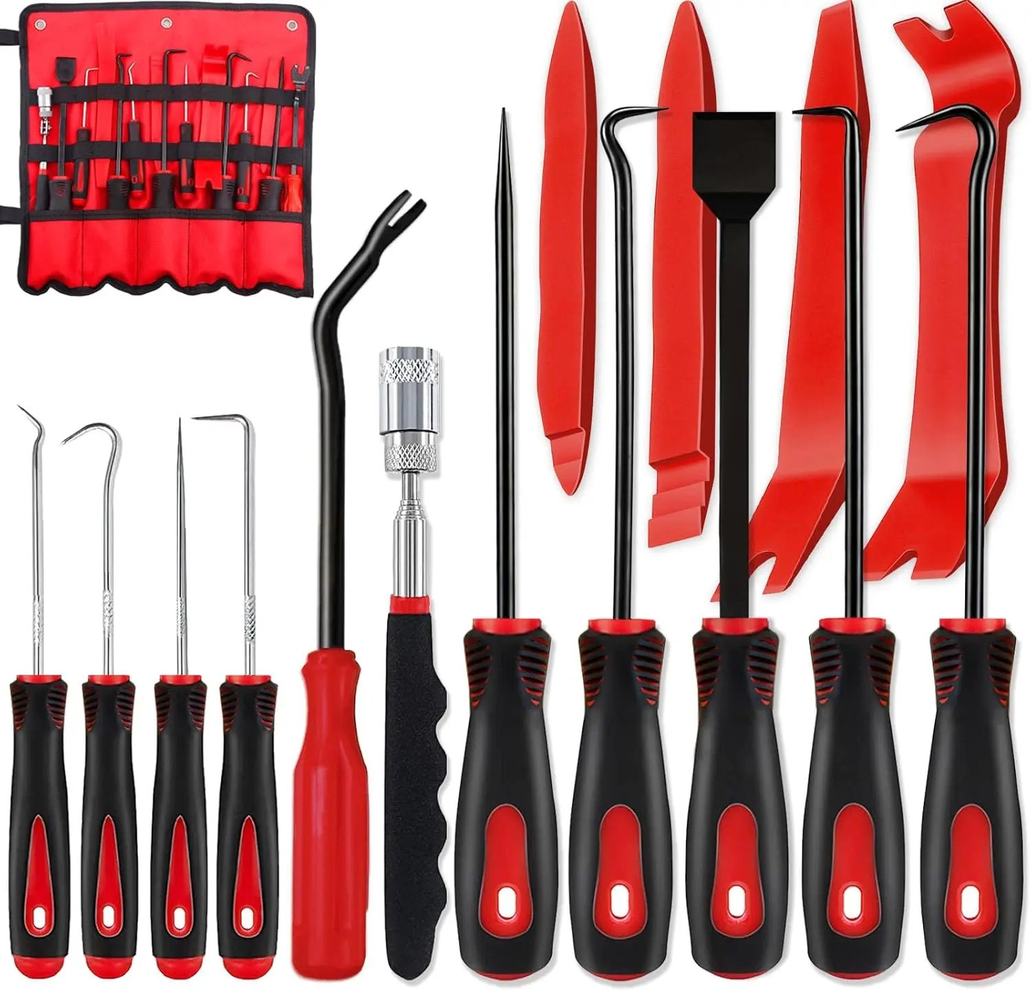 15Pcs Carbon Steel Precision Pick & Hook Tool Set, Trim Removal Kit with Scraper, Magnetic Telescoping Tool for Automotive Electronics Maintenance, Hose & Gasket Hand Pick Up Tasks