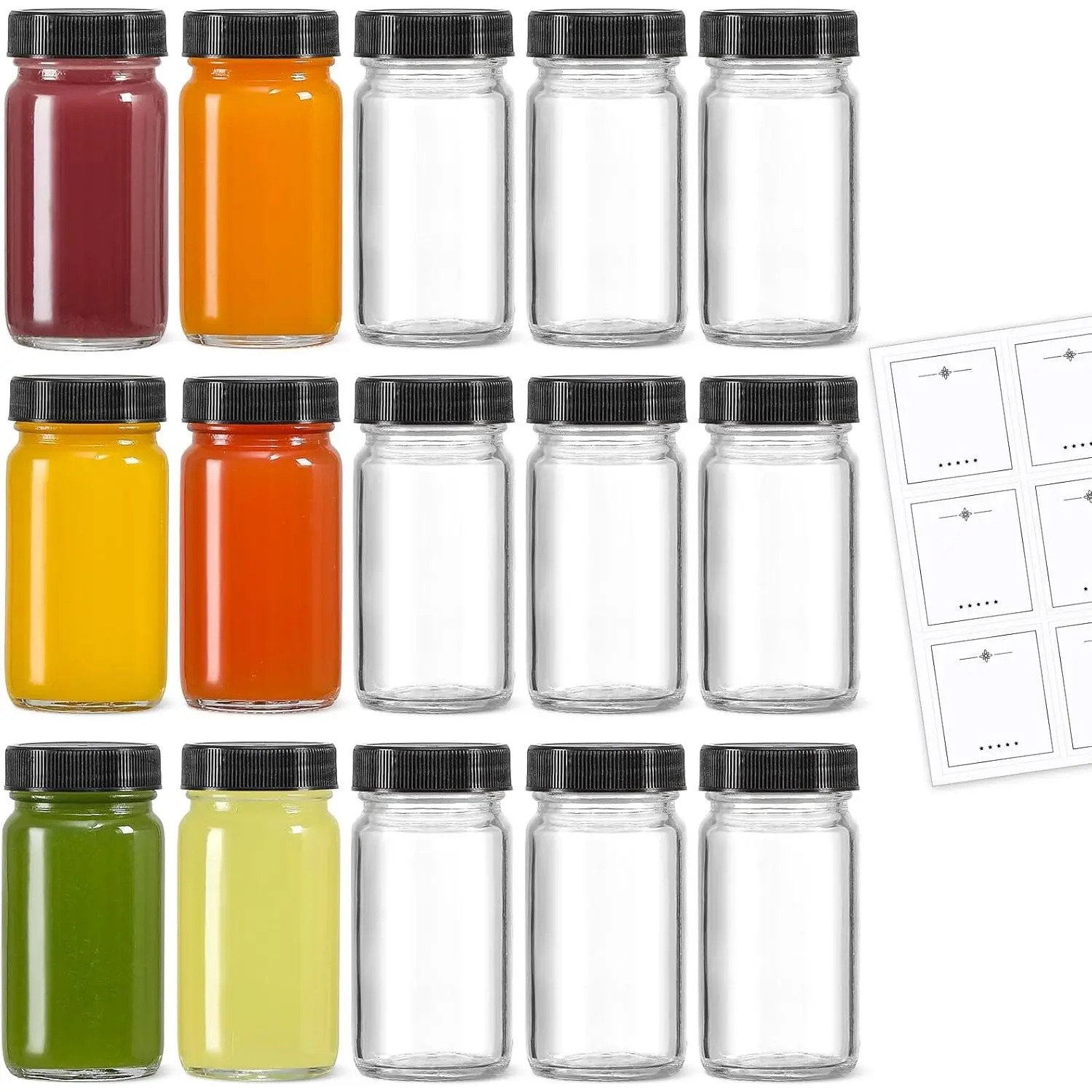 15 Pack 2 oz Glass Shot Mini Bottles w/ Black  & 15 Labels - Small Clear Jar for Ginger, Wellness Shot, Juice, Sample,  - Travel Essentials - Wide Mouth, Leakproof, Dishwasher Safe