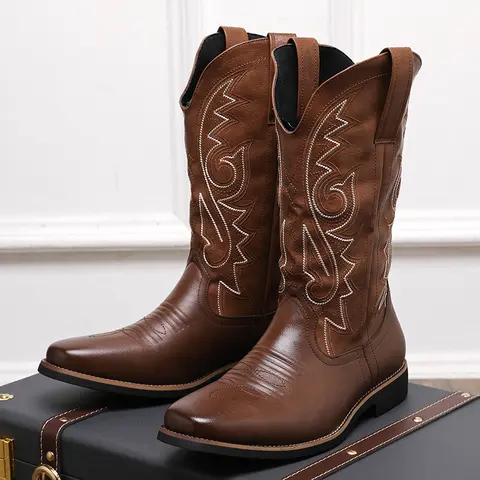 Men's PU Leather Embroidered Western Boots - Closed-Toe, Closed-Top, Knee-High, Vintage, Comfortable, All-Seasons, Casual Male Shoes for Walking, Cowboy Aesthetic, Urban Cowboy OOTD Footwear