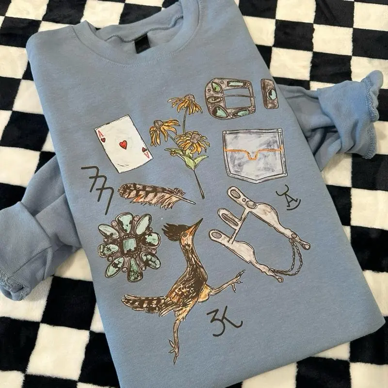 Blue Western Roadrunner Collage Western Graphic Crewneck & Tee, Rodeo Graphic Crewneck Pullover, Western Rodeo Trending Graphic, Western Boutique, Western Rodeo Graphic Unisex, Plus size available KCK
