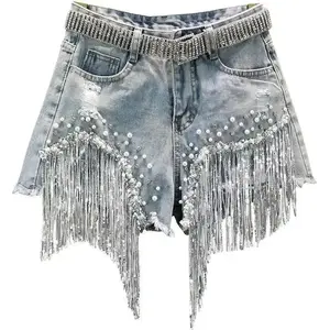 Denim Shorts Women's 2025 Summer Clothes New European High Waist Thin Heavy Industry Beaded Sequined Fringed Broken Copper Jeans Womenswear Bottom Streetwear Fitted Pants Trouser Basic Blue_Beige Minimalist(Sheets)