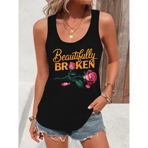 Women's Lightweight Spandex Tank Top - Elegant, Casual Sleeveless Floral Broken Rose Printed Top, Ideal Gift for Loved Ones