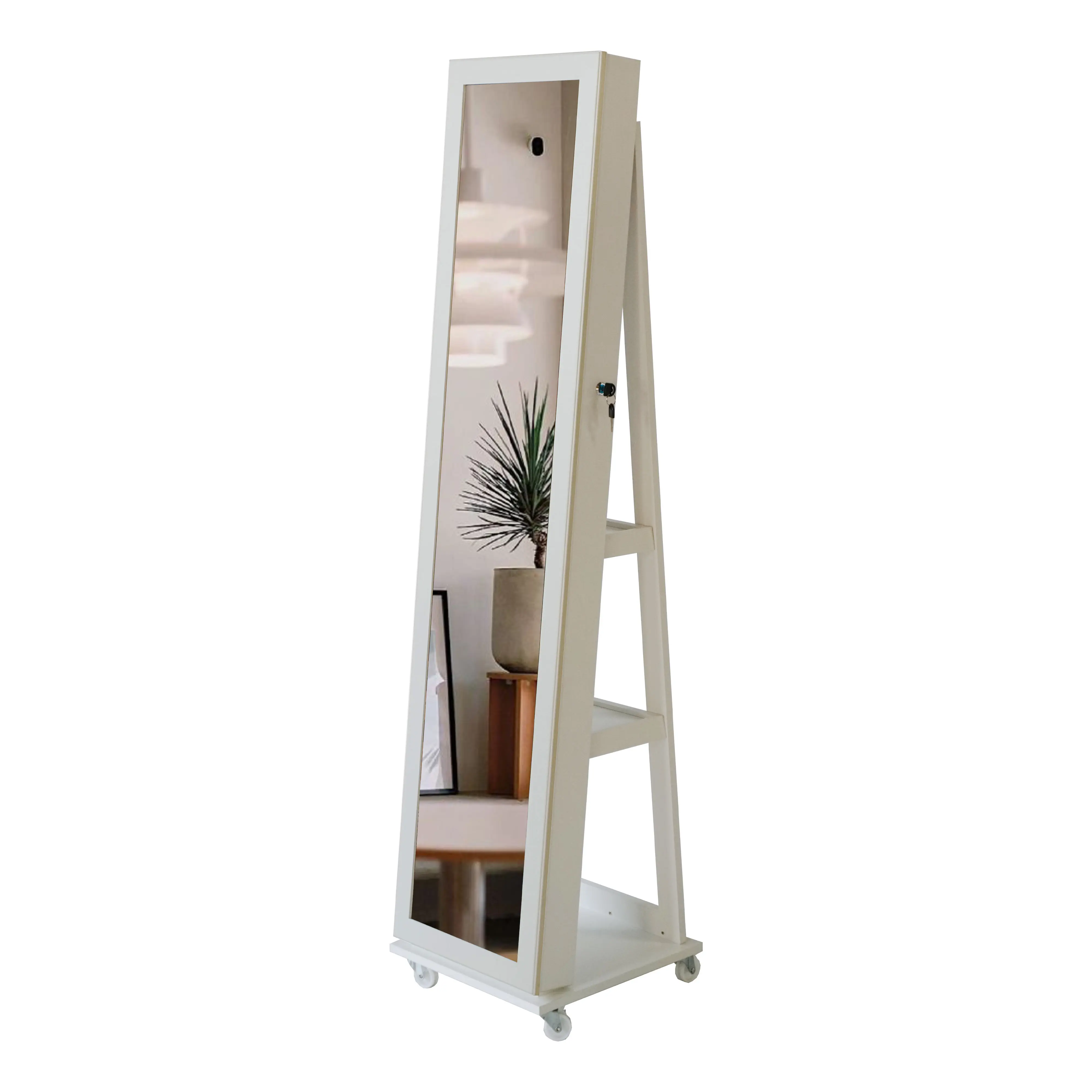 Full-Length Mirror with 360° Swivel Jewelry Cabinet | Rotating Storage Armoire with Lockable Organizer for Necklaces, Earrings, Rings, and Cosmetics | Freestanding Design for Bedroom & Dressing Room
