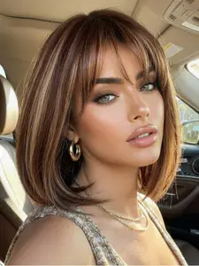 12-Inch Short Straight Hair Wig with Bangs, Natural Look Full Headpiece, Synthetic Fiber, Synthetic Material Wigs, Perfect for Daily Wear, Elegant and Versatile, Natural Looking Wig, Straight Synthetic Wigs