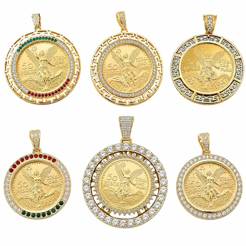 14K Gold Plated Mexican Centenario 50 CZ Pendant with Optional Rope/Figaro Link/Cuban Classic/Curb Cuban Chain Unisex Jewelry for All Occasions Gold Coin Necklace